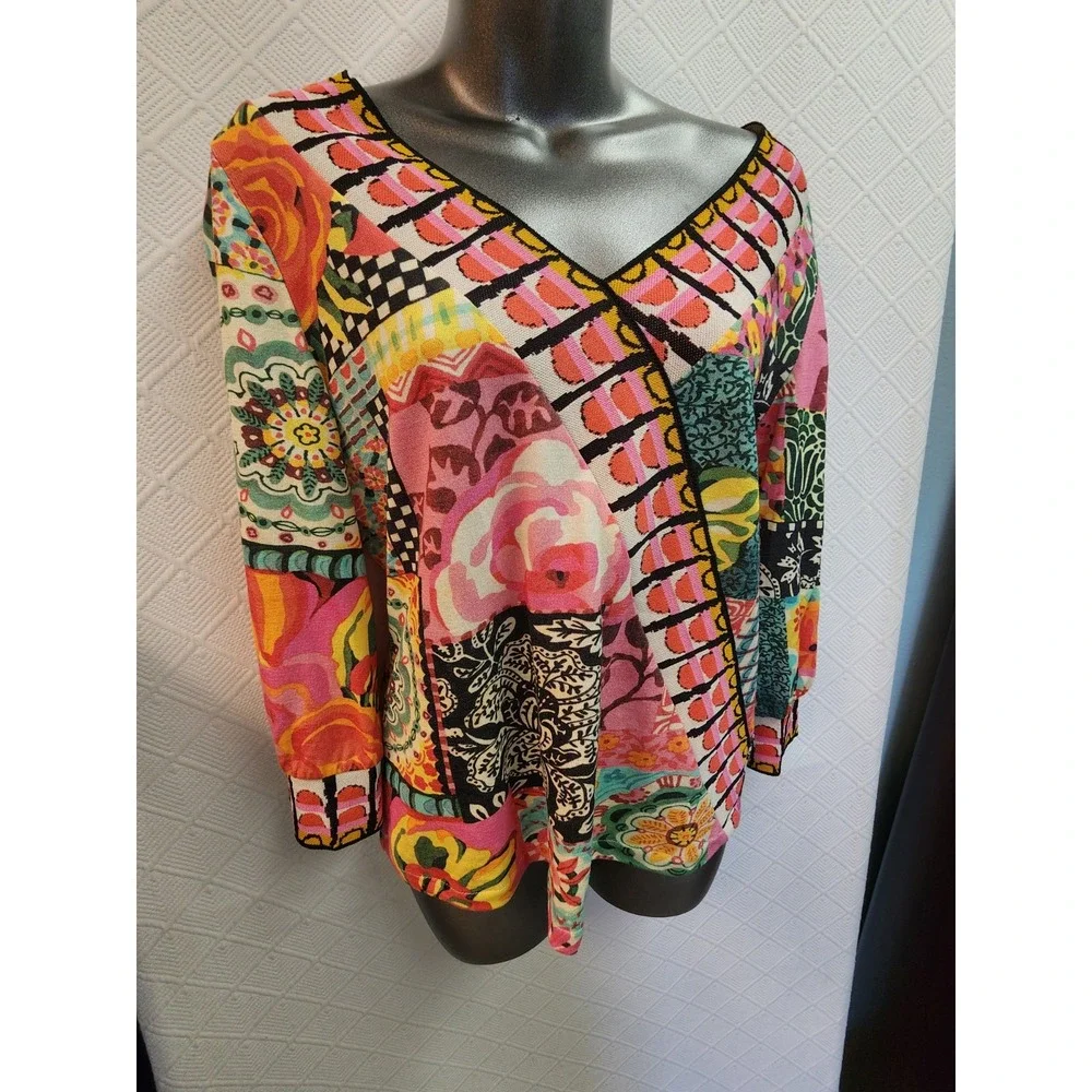 NEW Aldo Martins SZ M-L  Double V Neckline Vibrant Pullover Top $250